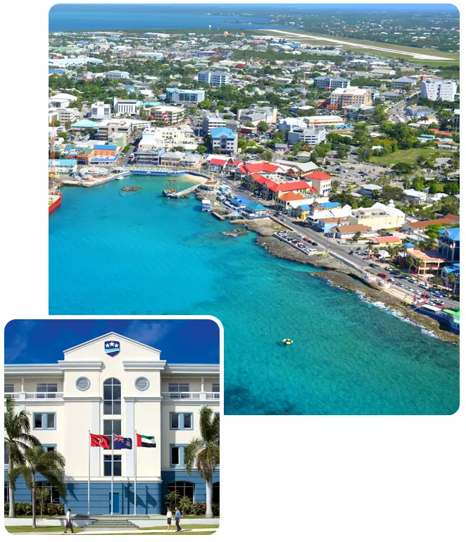 Collage showcasing Cayman Islands' growth, with images of business, nature, and community development in a vibrant setting.
