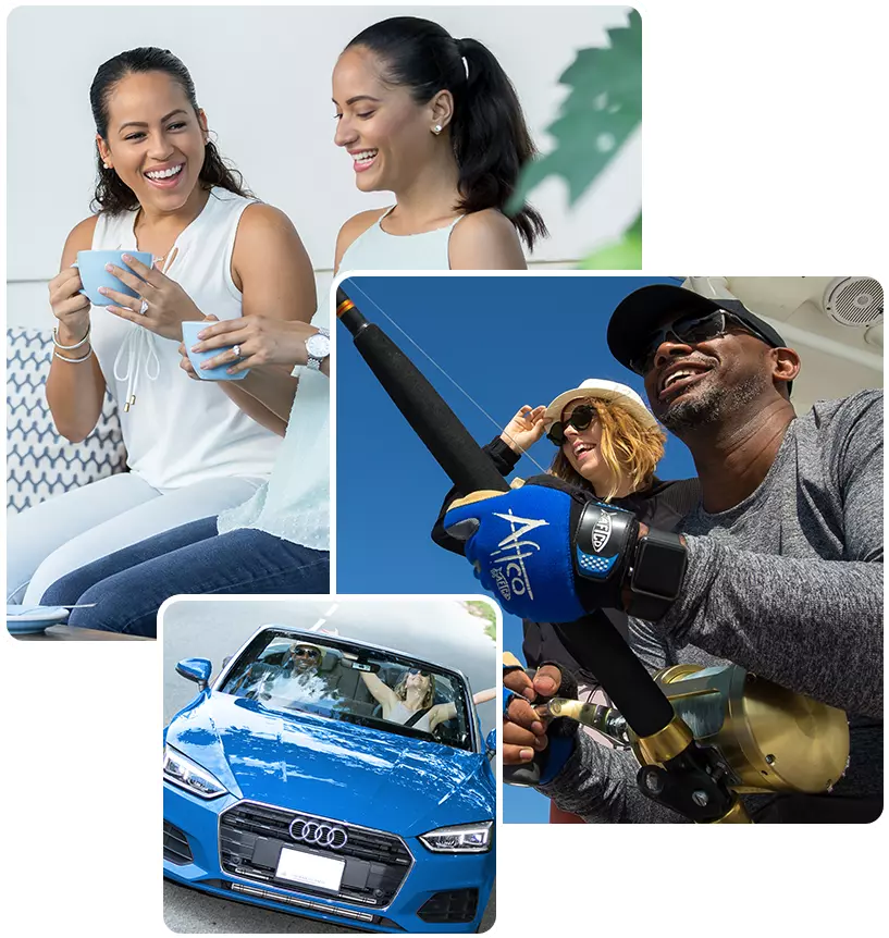 Collage of images featuring two women drinking coffee, a blue Audi and two men fishing 